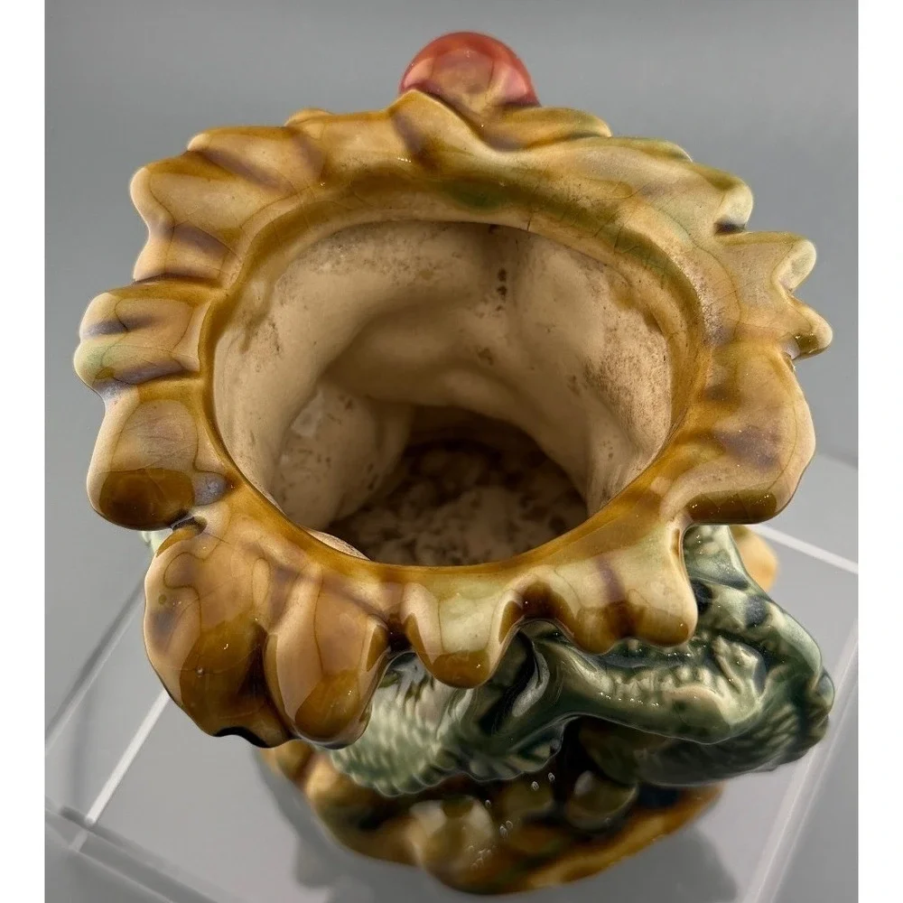 Vintage Dragon Vase Figural Art Pottery Majolica Style Green Brown Ceramic 5